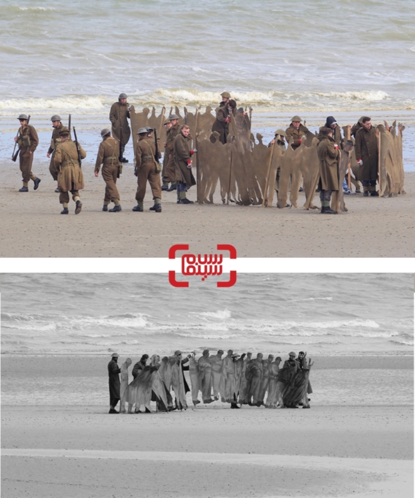 تصویری واقعی از ساحل دانکرک و تصویری از فیلم سینمایی «دانکرک»(Dunkirk)