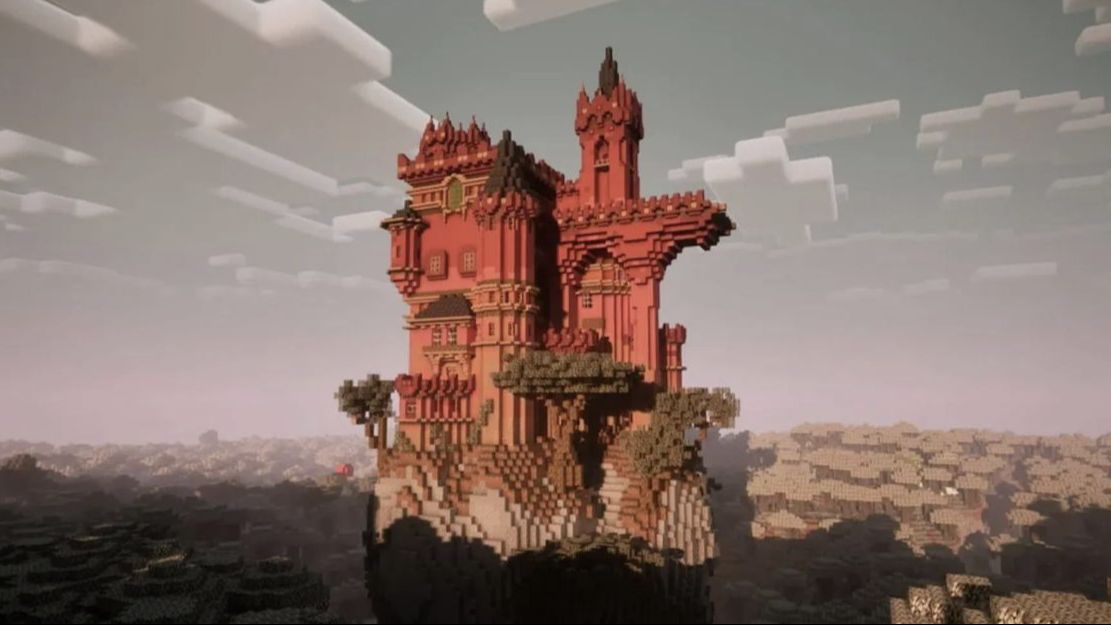 بازیکن ماینکرفت یک قلعه زیبا با تم قرمز در بایوم پیل گاردن ساخته است