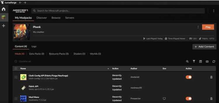 از لانچر Curseforge برای دانلود و نصب ماد ماینکرفت phonk استفاده کنید.