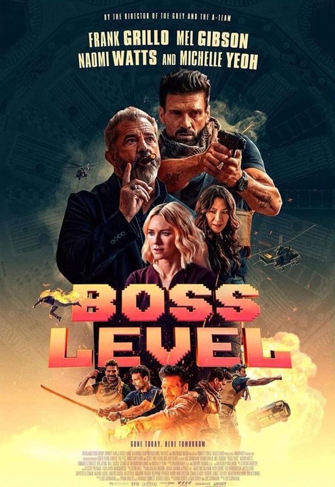 فرانک گریلو، مل گیبسون، نائومی واتس و میشل یو در پوستر فیلم سینمایی «رتبه رئیس» (Boss Level)